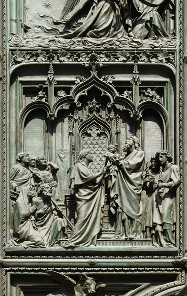 Presentation Jesus Temple Detail Main Bronze Door Milan Cathedral Duomo — Stock Photo, Image