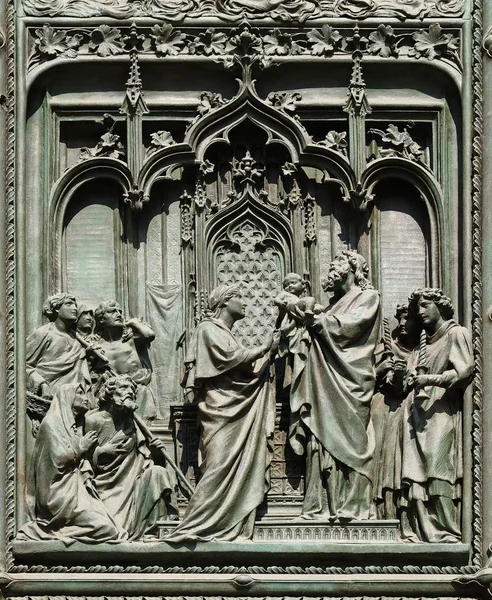 Presentation Jesus Temple Detail Main Bronze Door Milan Cathedral Duomo — Stock Photo, Image