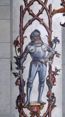 Boyalı evi cephe savaş Dornach eski şehir Lucerne, İsviçre Hirschenplatz üzerinde anısına