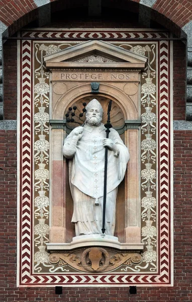 Estátua Sant Ambrogio Santo Ambrósio Patrono Cidade Milão Detalhe Torre — Fotografia de Stock