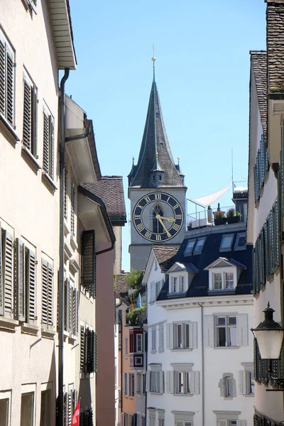 Torre Del Reloj Iglesia Evangélica San Pedro Zurich Suiza —  Fotos de Stock