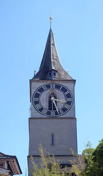 Clock Tower Peter Evangelical Church Zurich Switzerland — Stock Photo, Image