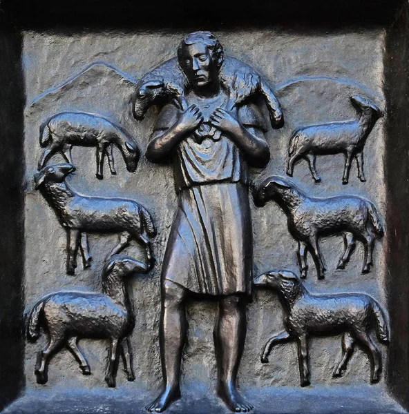Jézus Krisztus Pásztor Megkönnyebbülés Ajtón Zürich Svájc Nagy Minster Grossmünster — Stock Fotó