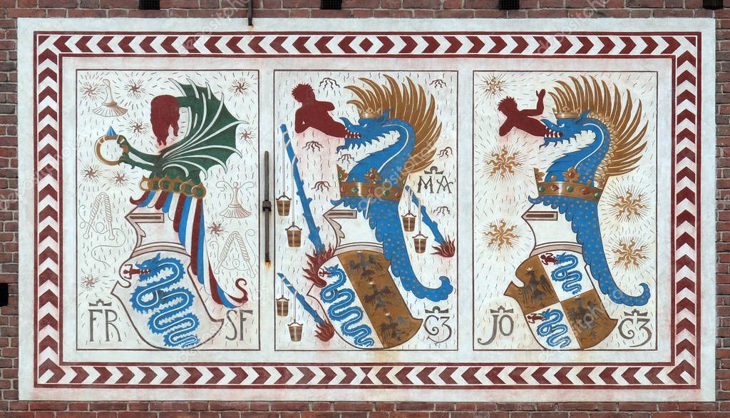 Coat of arms of the Visconti family. Sforza Castle XV century (Castello Sforzesco), Milan (Milano) Lombardy, Italy