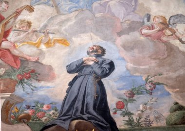 St. Francis melekler, yapım müzik fresk, Cizvit Kilisesi, St Francis Xavier Lucerne, İsviçre tavanda çevrili bir bulutun üzerinde diz çökmüş