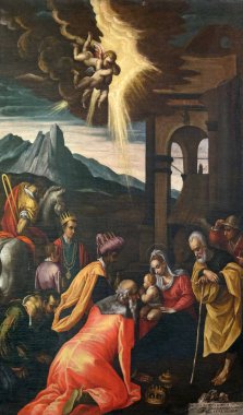 Balıkçılar adada, bir Lake Maggiore, İtalya'nın ünlü Borromeo adalarından St. Victor kilise içinde boyama Magi hayranlığı