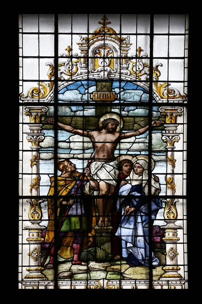 Crucifixion Jesus Died Cross Stained Glass Window Basilica Sacred Heart — Stock Photo, Image