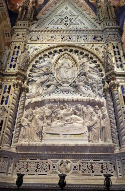 Ölüm ve bakire, Madonna, l'Orcagna, mermer ve mozaik bilinen Andrea di Cione tarafından Tabernacle detay varsayımı. Loggia Orsanmichele kilisesinin Floransa, Toskana, İtalya