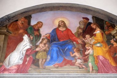 İsa kutsar çocuklar, fresklerle lunette, Ospedale degli INNOCENTI - dış Atari, Florence, İtalya