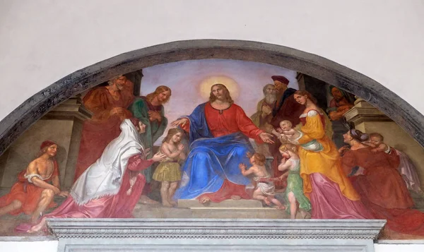 Jesus Blesses Children Frescoed Lunette Ospedale Degli Innocenti Exterior Arcade — Stock Photo, Image