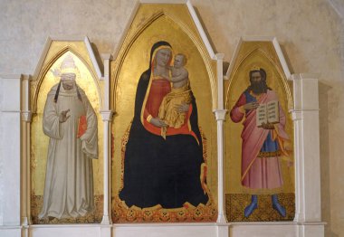 Madonna ve çocuk St. Gregory ve St. iş, triptik Nardo di Cione, Basilica di Santa Croce (Bazilika Holy Cross) - tarafından ünlü Fransisken Kilisesi Floransa, İtalya