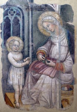 Madonna dikiş ve oynayan, çocuk fresco Giovanni di Taneo Fei, Basilica di Santa Croce (Kutsal haç Bazilika) Floransa, İtalya tarafından
