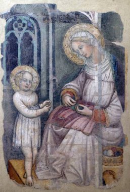 Madonna dikiş ve oynayan, çocuk fresco Giovanni di Taneo Fei, Basilica di Santa Croce (Kutsal haç Bazilika) Floransa, İtalya tarafından