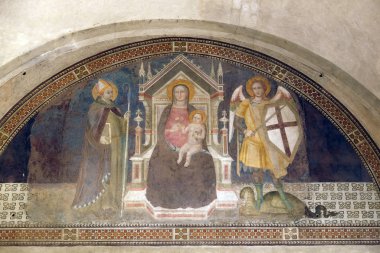 Madonna ve çocuk Archangel Michael ve St. Louis Toulous, fresco okul Giotto, Floransa, İtalya Basilica di Santa Croce (Kutsal haç Bazilika) manastır içinde tarafından