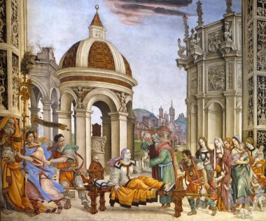 Saint John Evangelist Drusiana, Resurrecting fresco Santa Maria Novella müdür Strozzi Şapeli Filippino Lippi tarafından Dominik kilise Floransa, İtalya