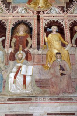 Vaaz-St Augustine, aritmetik-Pisagor, kutsal Bilimler ve sosyal bilimler, ayrıntı, Triumph of St. Thomas Aquinas, Floransa, İtalya Dominik kilise tarafından Andrea di Buonaiuto, Santa Maria Novella müdür kilisede İspanyolca fresco