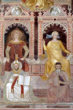 Vaaz-St Augustine, aritmetik-Pisagor, kutsal Bilimler ve sosyal bilimler, ayrıntı, Triumph of St. Thomas Aquinas, Floransa, İtalya Dominik kilise tarafından Andrea di Buonaiuto, Santa Maria Novella müdür kilisede İspanyolca fresco