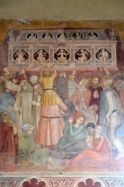 Vaaz, detay St Peter Verona fresk Andrea di Bonaiuto tarafından vaaz, Santa Maria Novella müdür Dominik İspanyolca kilisede tanıklık kalabalık kilise Floransa, İtalya