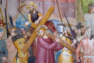 Floransa, İtalya'da kilise İsa'nın haç taşıyan, tutku ve fresk Andrea Di Bonaiuto, Santa Maria Novella müdür Dominik kilisede İspanyolca tarafından Mesih'in dirilişi detay