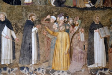 Saints Peter the Martyr and Thomas Aquinas Refute the Heretics, detail of the Active and Triumphant Church detail, fresco by Andrea Di Bonaiuto, Spanish Chapel in Santa Maria Novella Principal Dominican church in Florence, Italy clipart