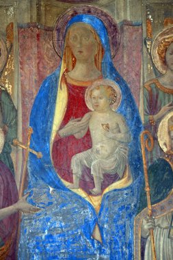 Madonna Enthroned, fresk tarafından Francesco Fiorentino, köşesinde Via della Scala ve Piazza Santa Maria Novella 1420, Floransa, İtalya