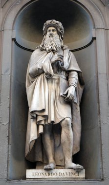 Leonardo da Vinci, statue in the Niches of the Uffizi Colonnade. The first half of the 19th Century they were occupied by 28 statues of famous people in Florence, Italy clipart