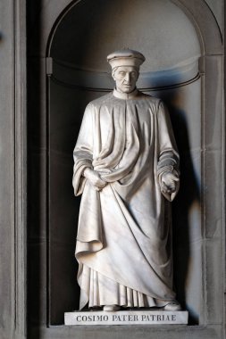 Cosimo Pater Patriae, statue in the Niches of the Uffizi Colonnade. The first half of the 19th Century they were occupied by 28 statues of famous people in Florence, Italy clipart