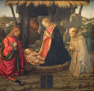 Aziz Julian ile doğum sahnesi ve Francis, okul Domenico Ghirlandaio Basilica di San Lorenzo Floransa, İtalya