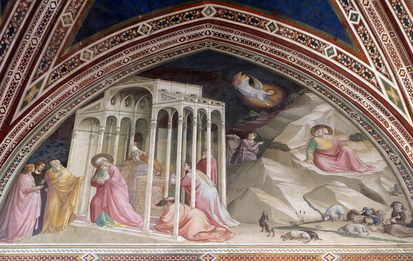 Св. Иоахим был изгнан из храма, детали из Истории Девы Марии, фреска Таддео Гадди (1295-1366), часовня Бандини Барончелли в базилике Санта-Кроче (базилика Святого Креста) - знаменитая францисканская церковь во Флоренции, Италия
