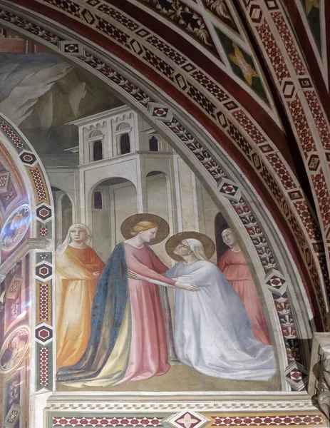 圣母的故事 参观伊丽莎白 壁画由 Taddeo Gaddi 1295 1366 班迪尼巴隆切利教堂在圣十字大教堂 圣十字大教堂 著名的方济各教堂在佛罗伦萨 — 图库照片