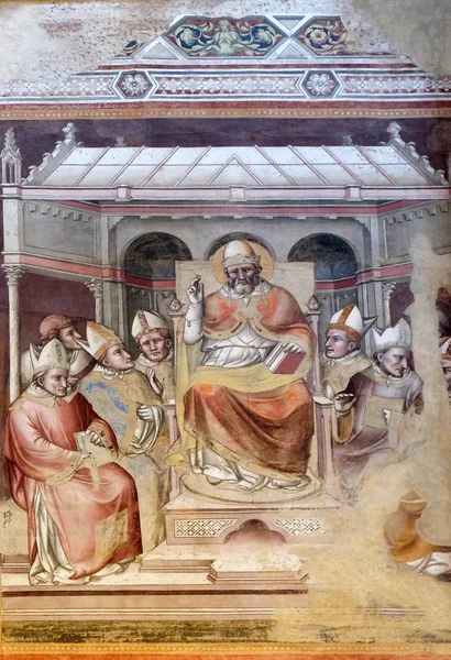 圣格雷戈里大帝的生活 格雷戈里祝福在主教中登基 壁画由圣玛丽亚诺韦拉首席多米尼加教堂 Scannabecchi 圣玛丽亚诺韦拉首席多米尼加教堂在佛罗伦萨 意大利 — 图库照片