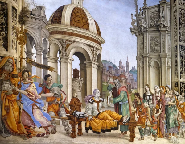 John Evangelist Resurrecting Drusiana Fresco Filippino Lippi Strozzi Chapel Santa — стоковое фото