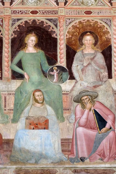 亚里士多德 圣杰罗姆 神圣的科学和文科 圣托马斯 阿奎那的胜利的细节 壁画由 Andrea Buonaiuto 西班牙教堂在圣玛丽亚诺韦拉主要多米尼加教堂在佛罗伦萨 意大利 — 图库照片