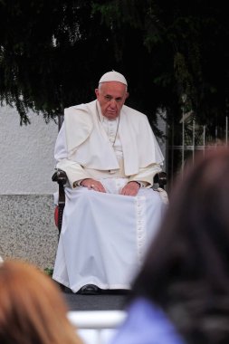 Pope Francis meeting with young people in front of the cathedral in Skopje the capital city of North Macedonia, on May 07, 2019. clipart