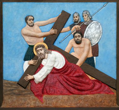 3. Haç İstasyonları, İsa ilk kez düşüyor, Malesnica Bakire Meryem Immaculate Conception kilisesi, Zagreb, Hırvatistan