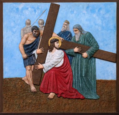 5. Haç İstasyonları, Cyrene Simon haç taşır, Malesnica Bakire Meryem Immaculate Conception kilisesi, Zagreb, Hırvatistan