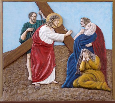 8. Haç İstasyonları, İsa Kudüs kızları, Malesnica, Zagreb, Hırvatistan Bakire Meryem Immaculate Conception kilisesi karşılar