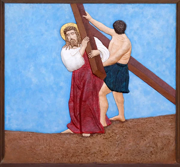 Σταθμοί Του Σταυρού Ιησούς Δίνεται Σταυρό Του Εκκλησία Της Άμωμου — Φωτογραφία Αρχείου