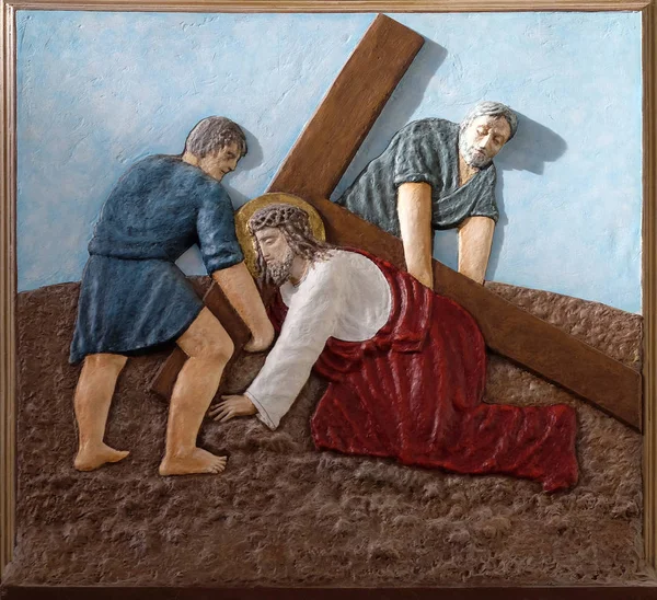十字架の第9駅 イエスは3回目に落ちる マレスニカ ザグレブ クロアチアの聖母マリアのイマキュレート概念の教会 — ストック写真