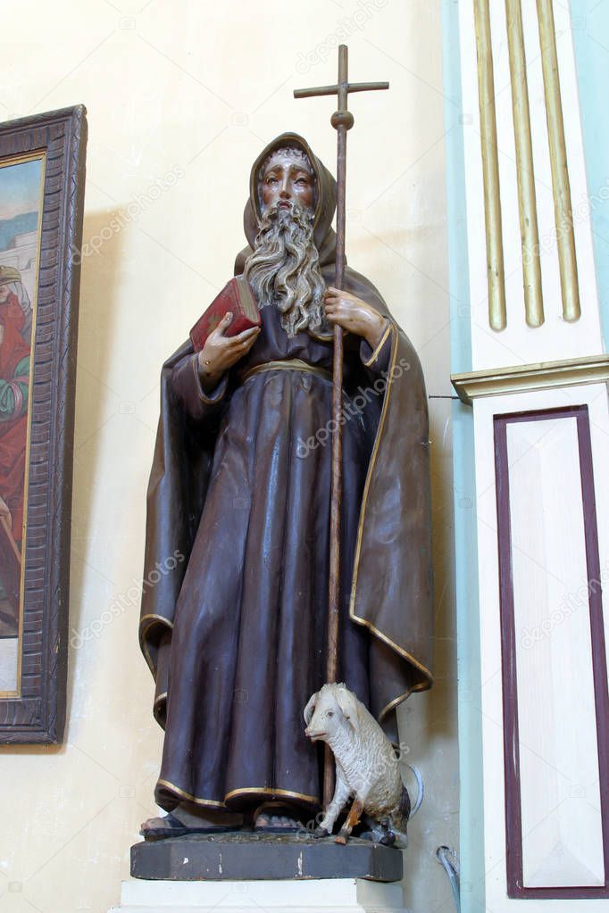 Saint Anthony the Great, statue on the altar of the Adoration of the Magi in the church of Holy Trinity in the Barilovicki Cerovac, Croatia