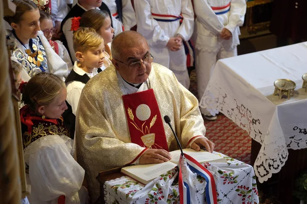 Sacerdote Predica Misa Del Día Acción Gracias Stitar Croacia —  Fotos de Stock