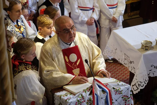 Sacerdote Predica Misa Del Día Acción Gracias Stitar Croacia —  Fotos de Stock