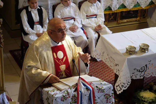 Sacerdote Predica Misa Del Día Acción Gracias Stitar Croacia —  Fotos de Stock