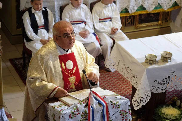 Sacerdote Predica Alla Messa Del Giorno Del Ringraziamento Stitar Croazia — Foto Stock