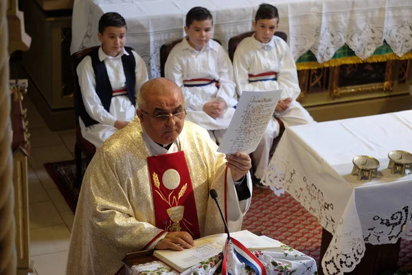 牧师在克罗地亚斯蒂塔尔的感恩节弥撒上传道 — 图库照片