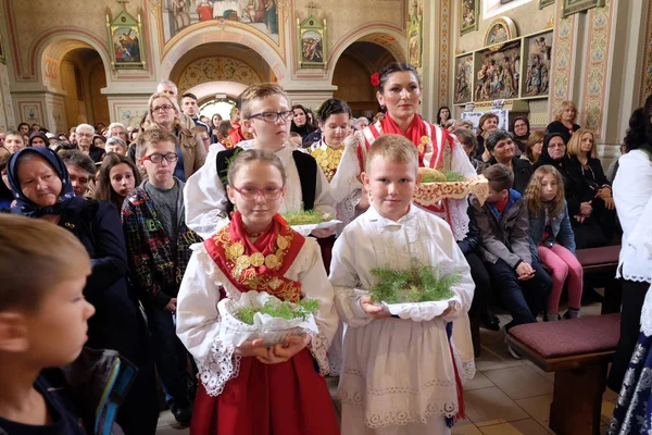 Stitar Şükran günü Ayin'de kilisede geleneksel bölgesel halk kostümleri giymiş insanlar, Hırvatistan