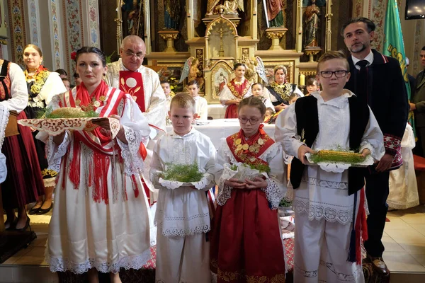 Stitar Şükran günü Ayin'de kilisede geleneksel bölgesel halk kostümleri giymiş insanlar, Hırvatistan
