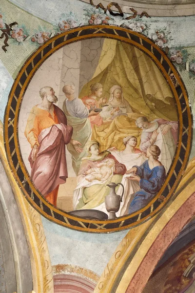 バプテスマの聖ヨハネの誕生 クロアチア ザグレブのバプテスマ教会の天井にフレスコ画 — ストック写真