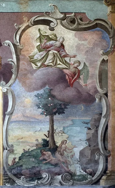 Adam Eva Rajské Zahradě Freska Stropě Svatého Jana Baptistického Kostela — Stock fotografie