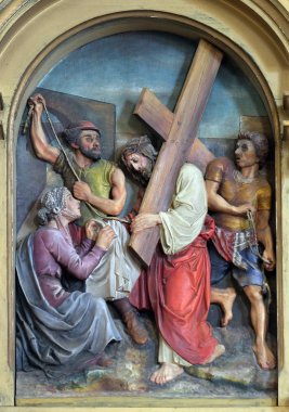 6. Haç İstasyonları, Veronica Zagreb, Hırvatistan'da İsa, Saint John Baptist kilisenin yüzünü siler